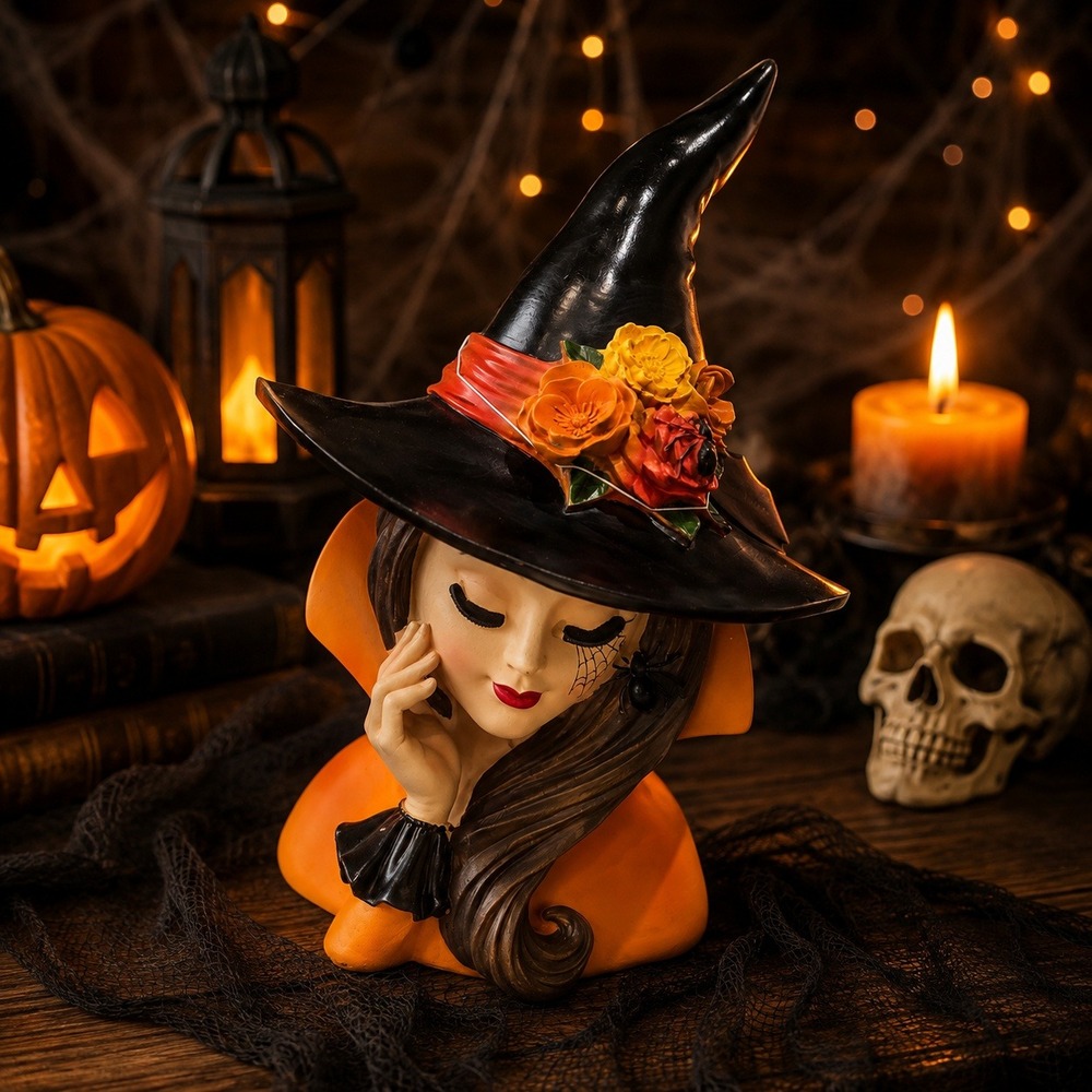 Bella Lux Glam Witch Lady Head Bust Halloween Decor Orange Black Large NEW